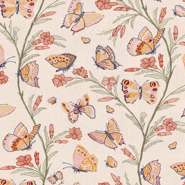Warm ivory fabric with coral flowers, sage stems and blue-edged butterflies