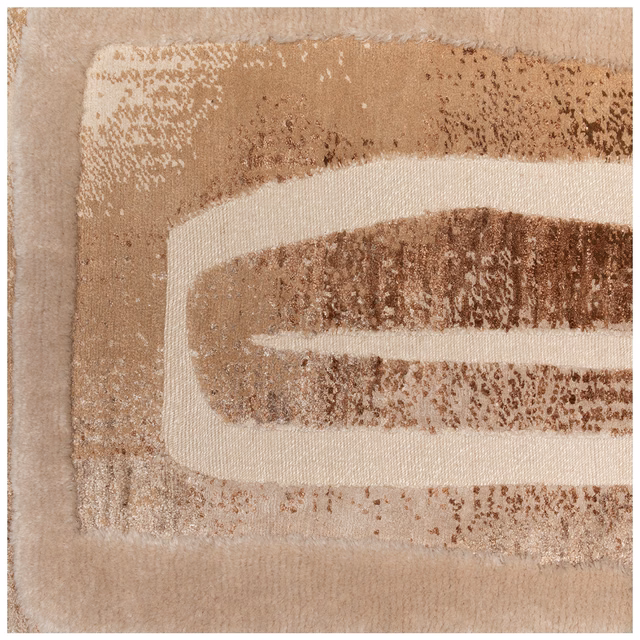 Sandy beige textile with distressed brown rounded bands and a tactile woven surface