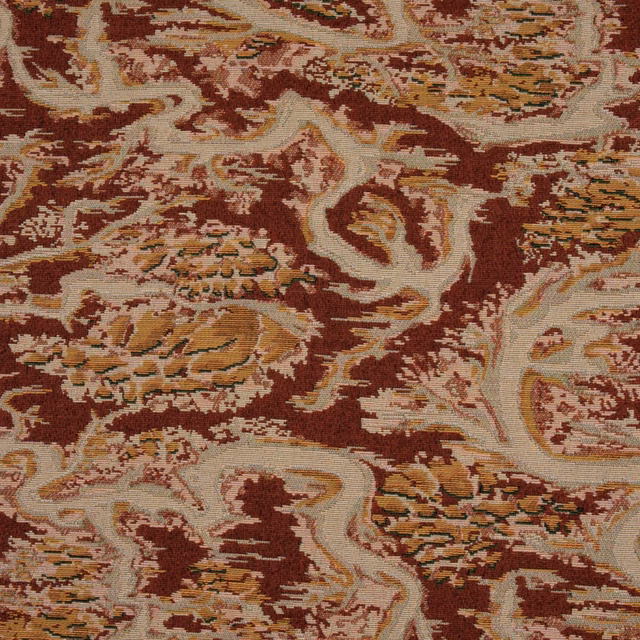 Russet woven fabric with cream paisleys, ochre foliage and olive scrolling details