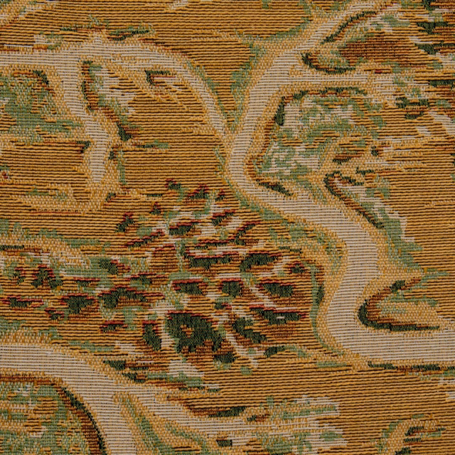 Ochre woven textile with sage landscape forms, cream paths and deep red accents