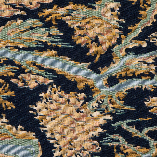 Navy ground with peach, blue-grey and sage pixelated abstract woven motifs