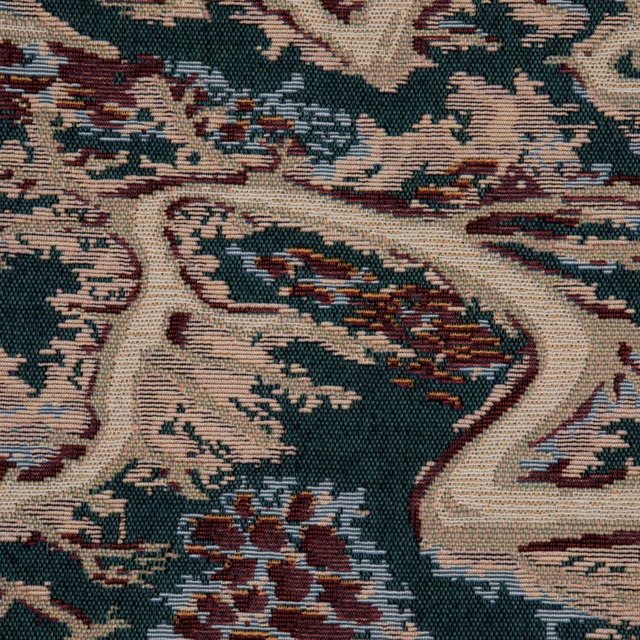 Teal and cream woven Terra textile with burgundy floral fragments and rust accents