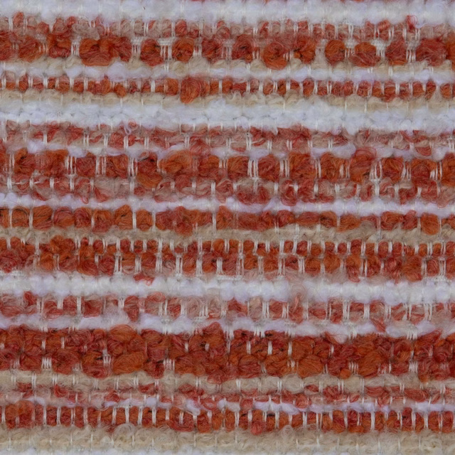 Chunky woven fabric with irregular terracotta, rust and ivory horizontal stripes