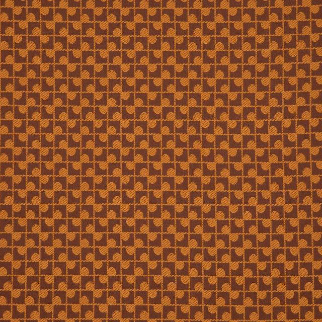 Wine-red woven fabric with dense rust-orange interlocking geometric motifs