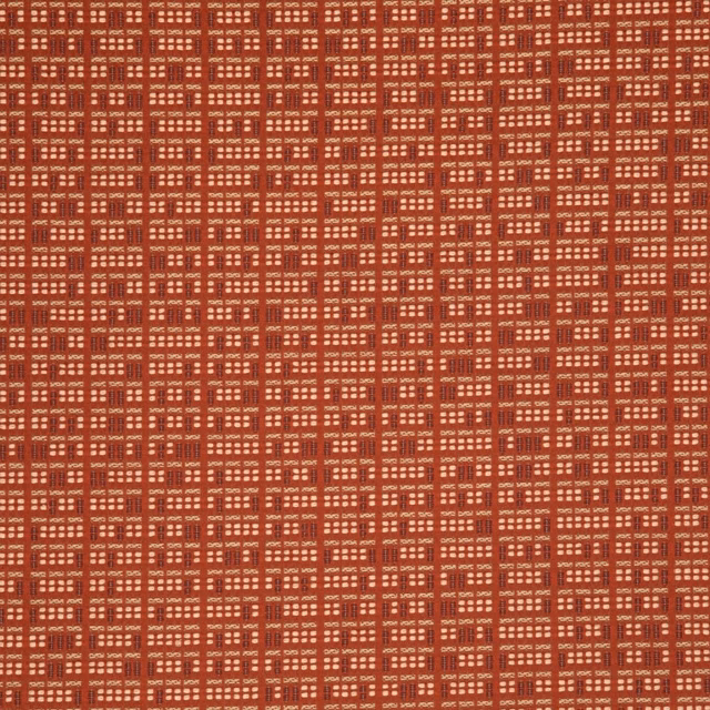 Brick-red woven fabric with dense pale broken rectangular grid pattern