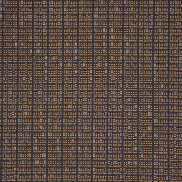 Deep marine blue fabric with tiny ochre grid motifs and a tightly woven surface