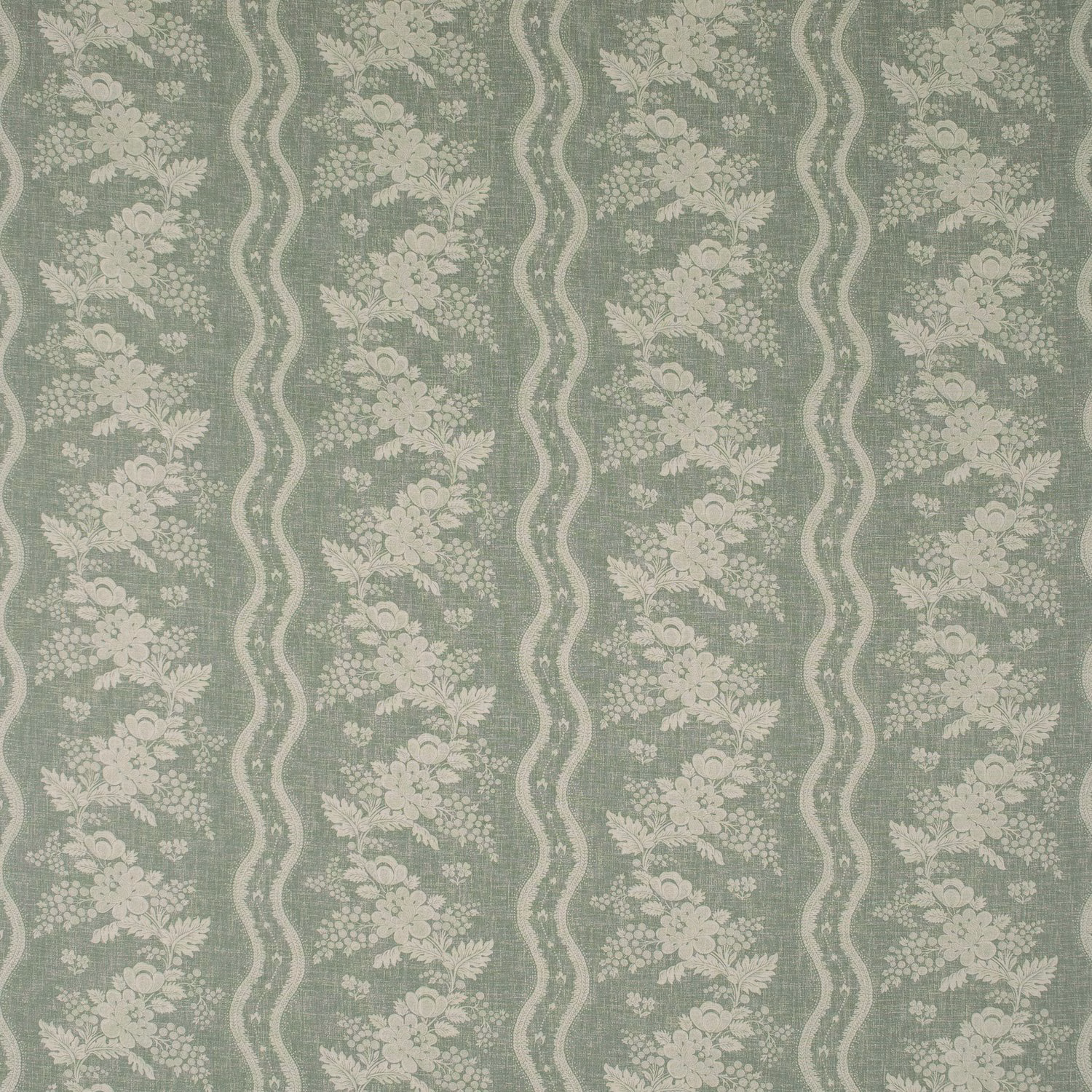 Muted duck egg floral stripe fabric with pale bouquets and winding vertical bands