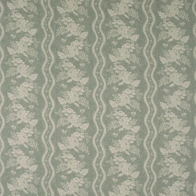 Muted duck egg floral stripe fabric with pale bouquets and winding vertical bands