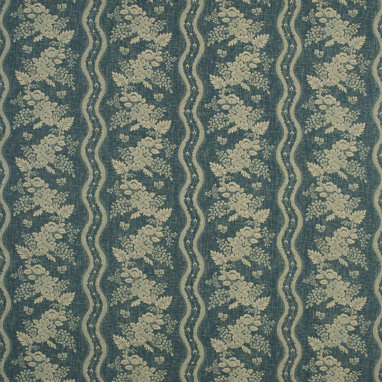 Blue-green floral stripe with cream bouquets on a softly textured printed ground