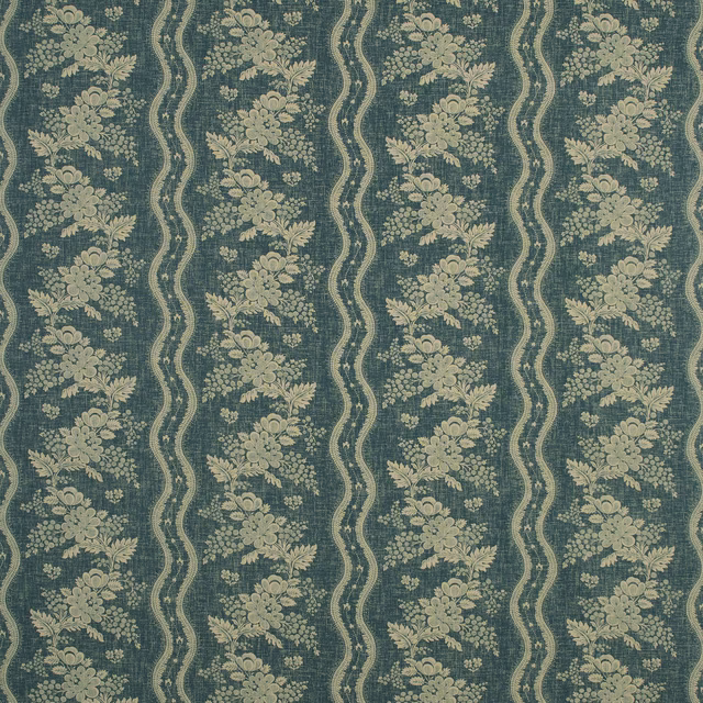 Blue-green floral stripe with cream bouquets on a softly textured printed ground