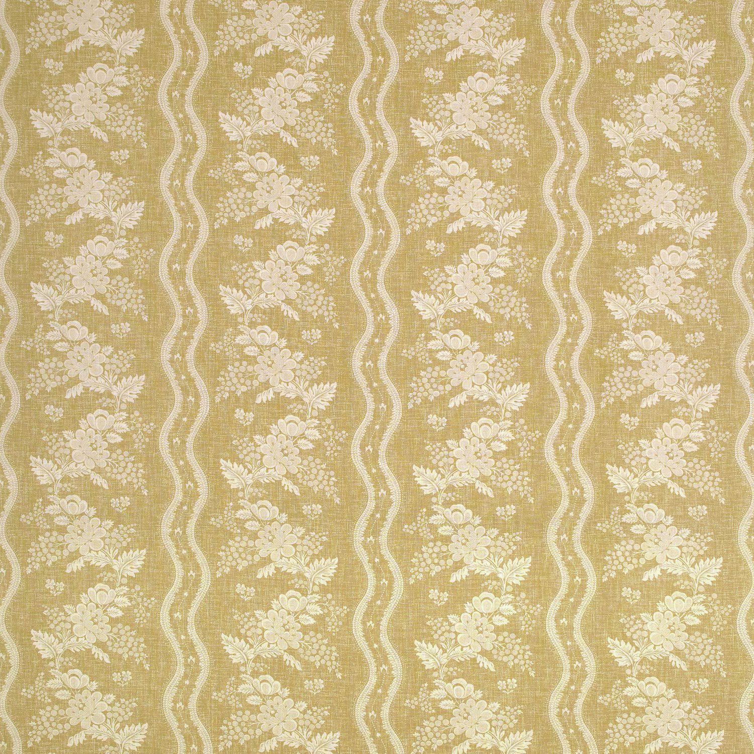 Golden-olive floral stripe fabric with ivory bouquets and winding vertical lines