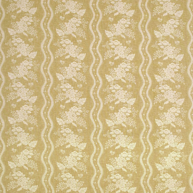 Golden-olive floral stripe fabric with ivory bouquets and winding vertical lines