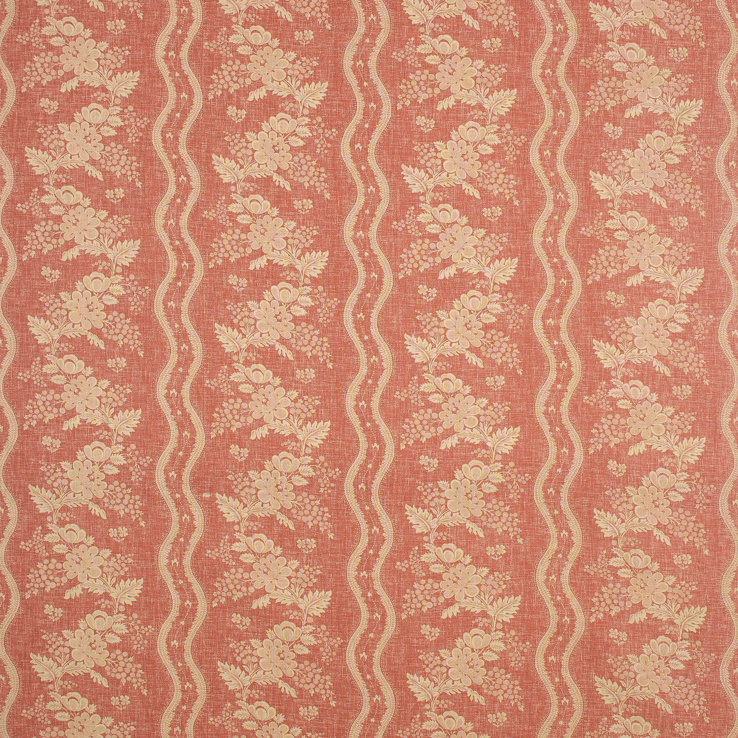 Raspberry pink fabric with cream floral bouquets and undulating vertical stripes