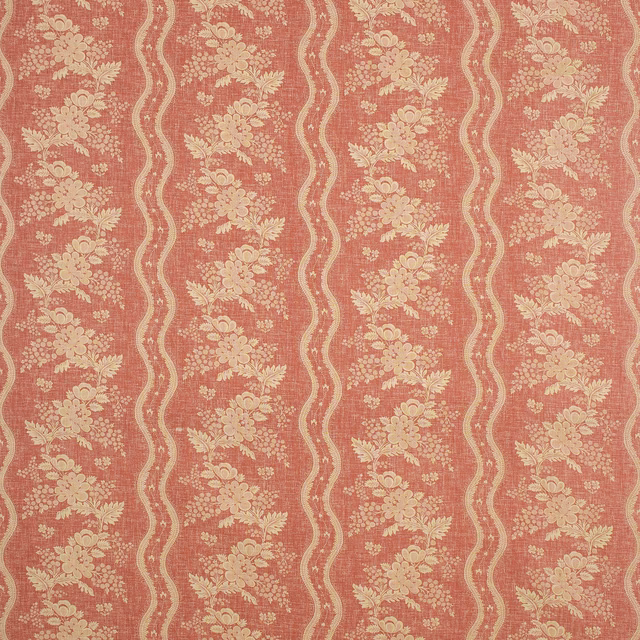 Raspberry pink fabric with cream floral bouquets and undulating vertical stripes