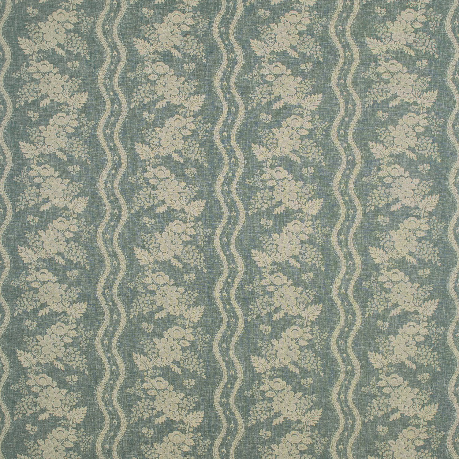 Stormy blue-grey floral print with cream bouquets and undulating vertical stripes