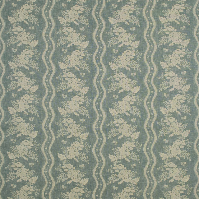 Stormy blue-grey floral print with cream bouquets and undulating vertical stripes