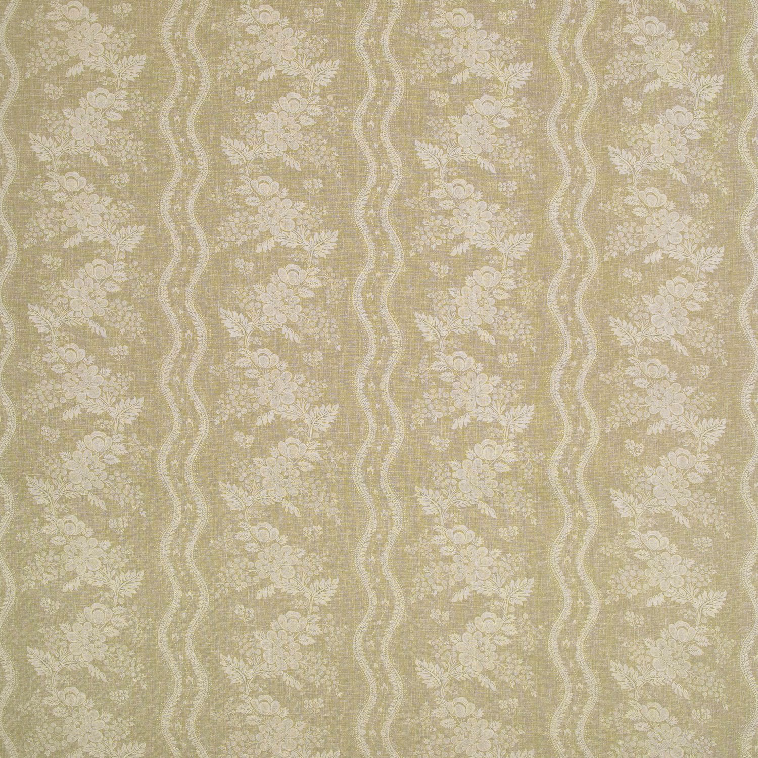 Muted wheat-gold fabric with cream floral bouquets and wavy vertical stripes