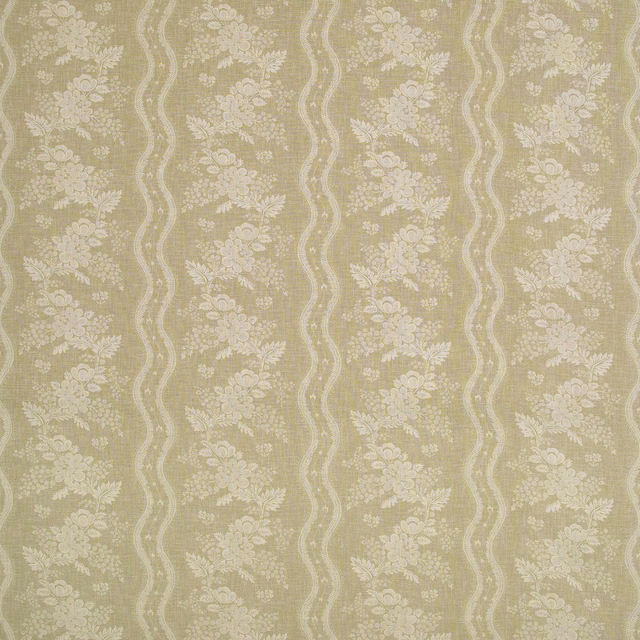 Muted wheat-gold fabric with cream floral bouquets and wavy vertical stripes