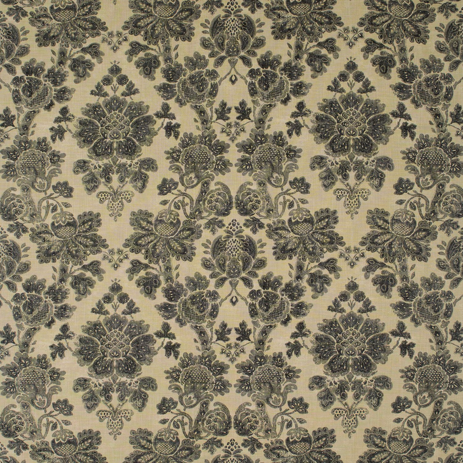 Charcoal botanical floral print across a warm taupe linen-viscose ground