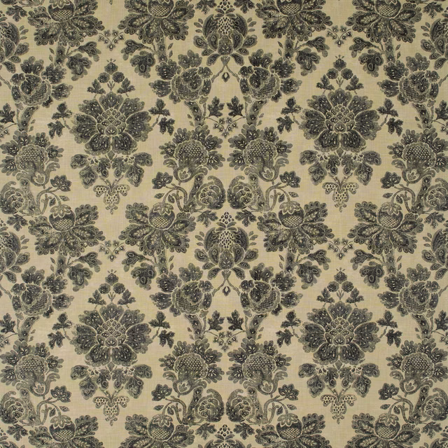 Charcoal botanical floral print across a warm taupe linen-viscose ground