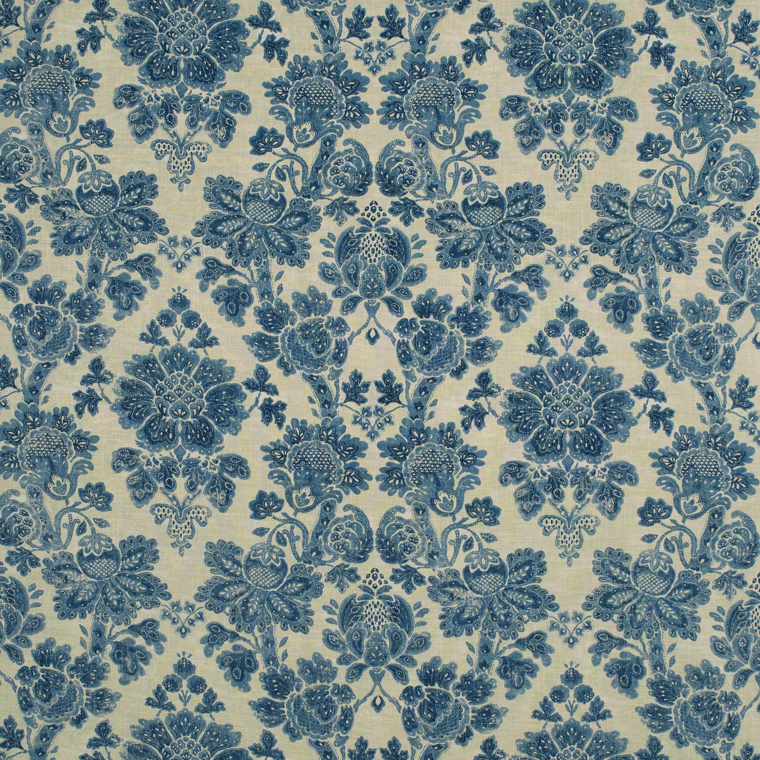 Cream-ground fabric with dense muted Dutch blue floral bouquets and scrolling leaves
