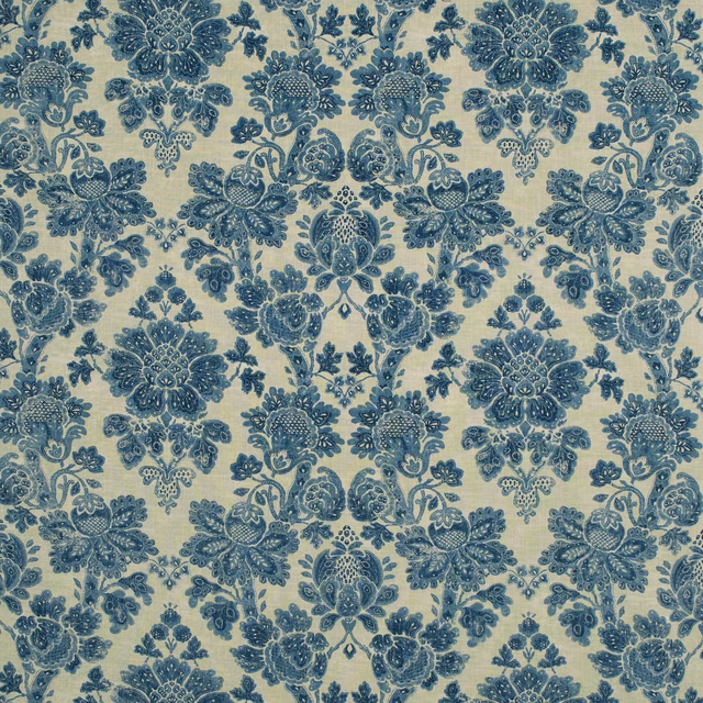 Cream-ground fabric with dense muted Dutch blue floral bouquets and scrolling leaves