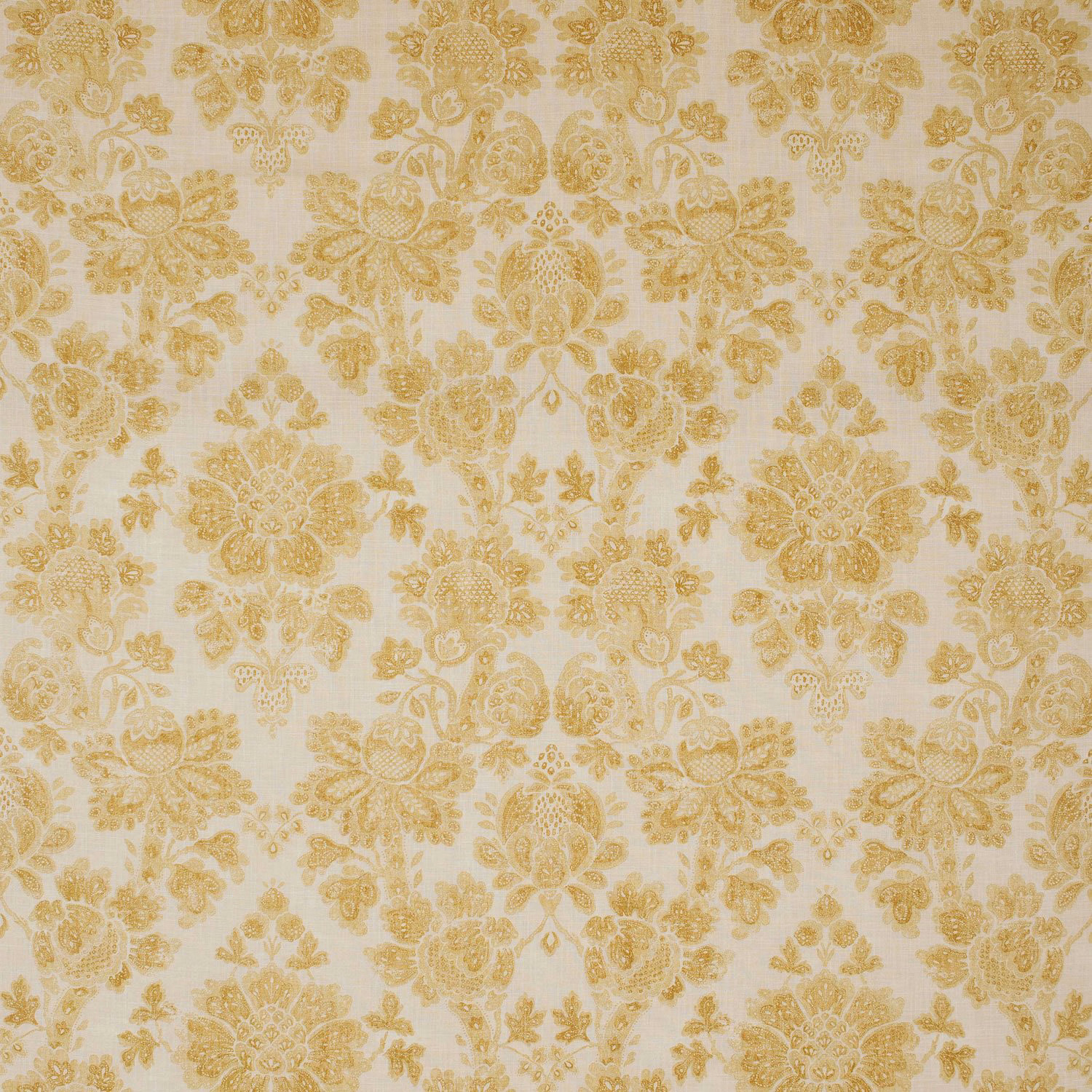 Cream ground with warm gold floral bouquets and fine scrolling botanical detail