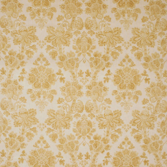 Cream ground with warm gold floral bouquets and fine scrolling botanical detail