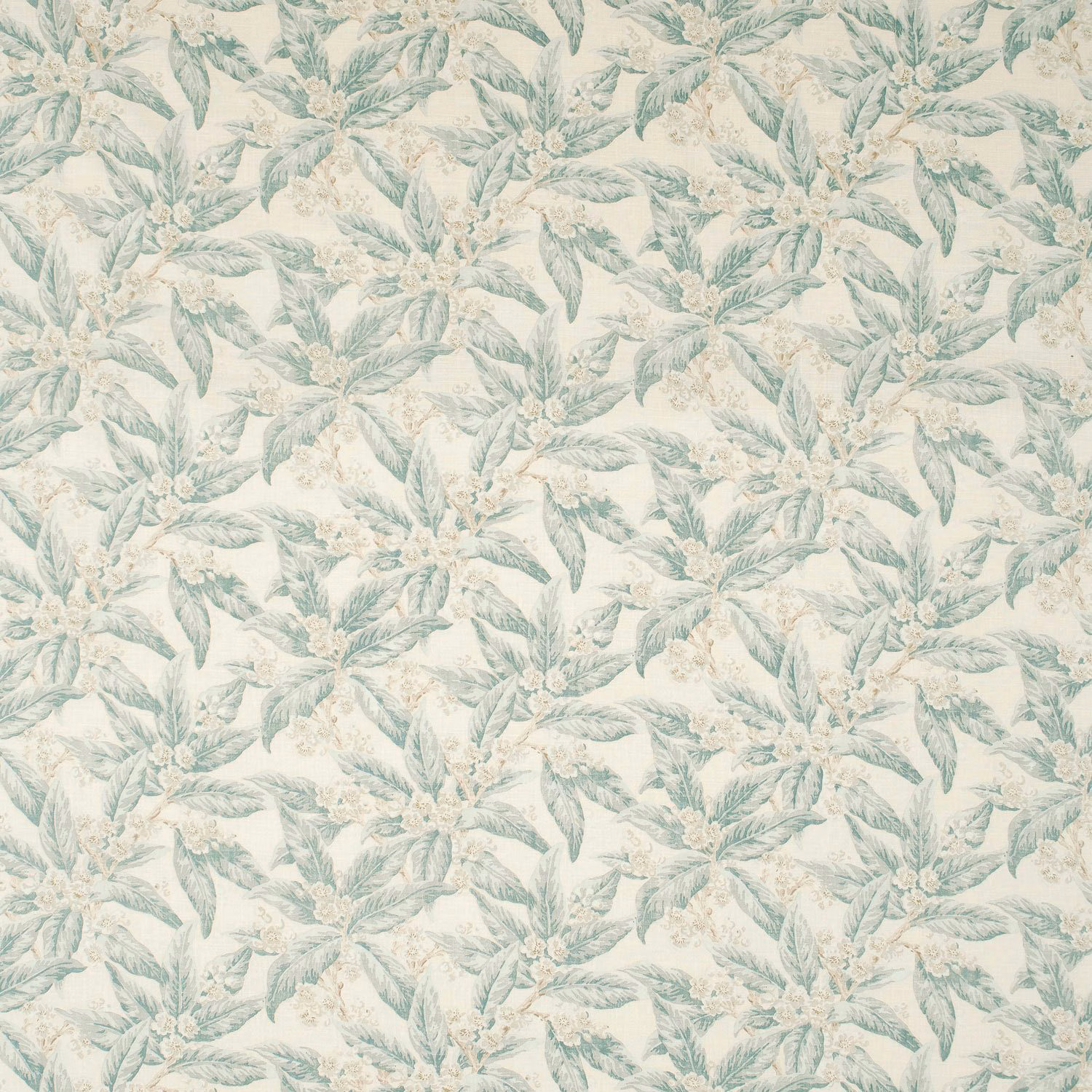 Pale blue-green leafy botanical print on an ivory ground with lilac accents