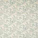 Pale blue-green leafy botanical print on an ivory ground with lilac accents