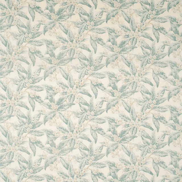 Pale blue-green leafy botanical print on an ivory ground with lilac accents