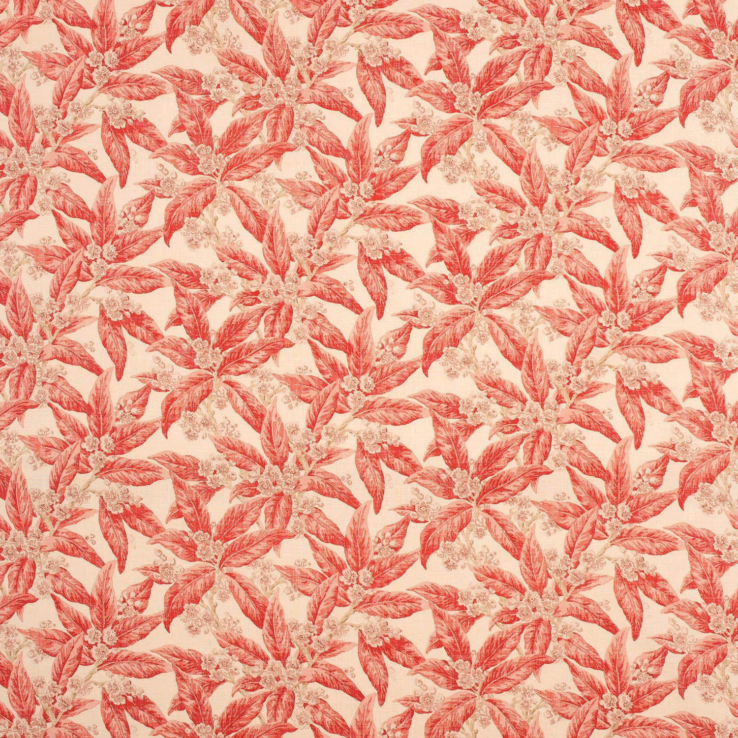 Cherry-red leafy botanical clusters with fine detail on a warm cream fabric ground