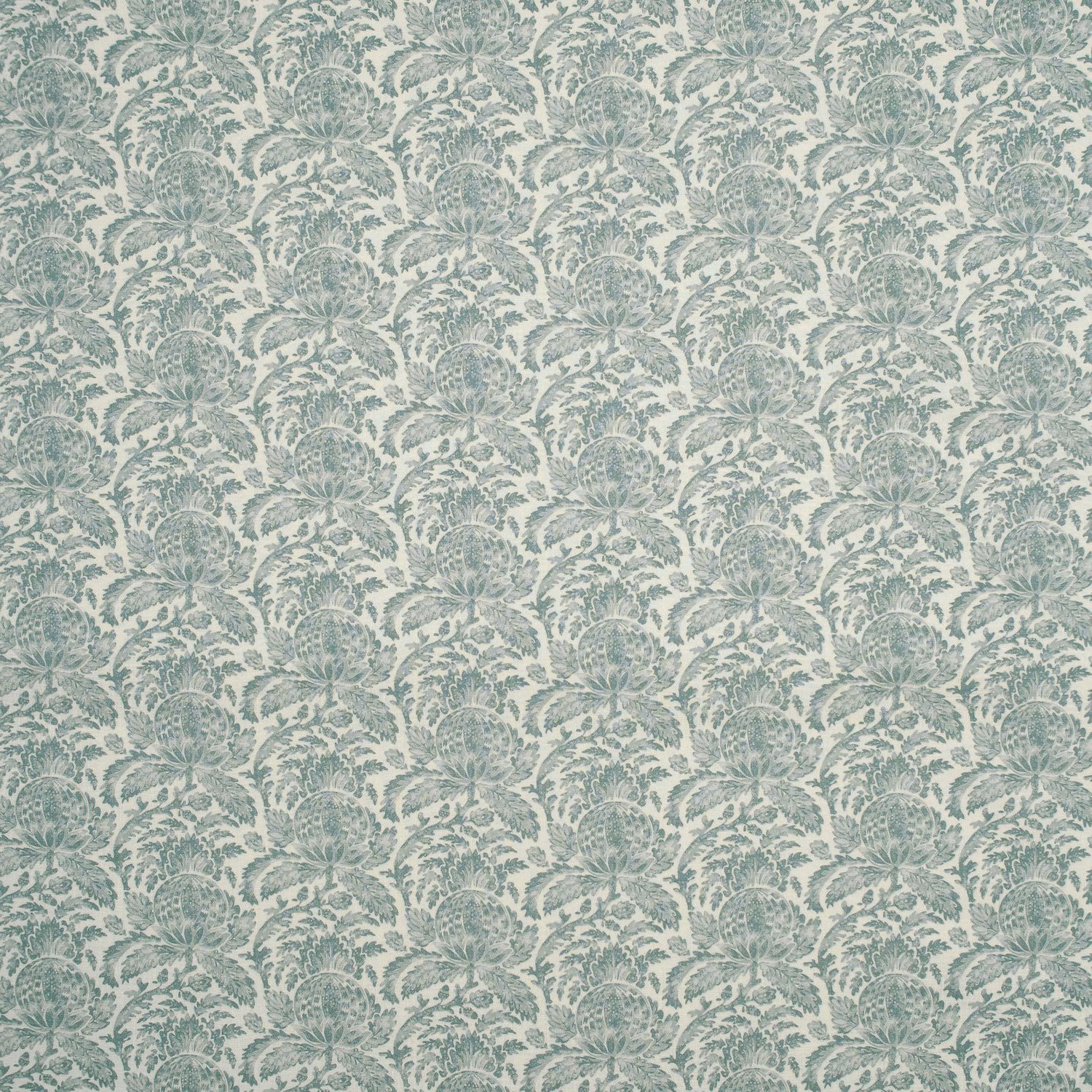 Muted aqua-green fabric with repeating feathery botanical sprays and rounded floral motifs