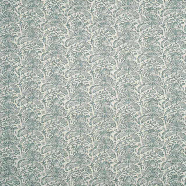 Muted aqua-green fabric with repeating feathery botanical sprays and rounded floral motifs
