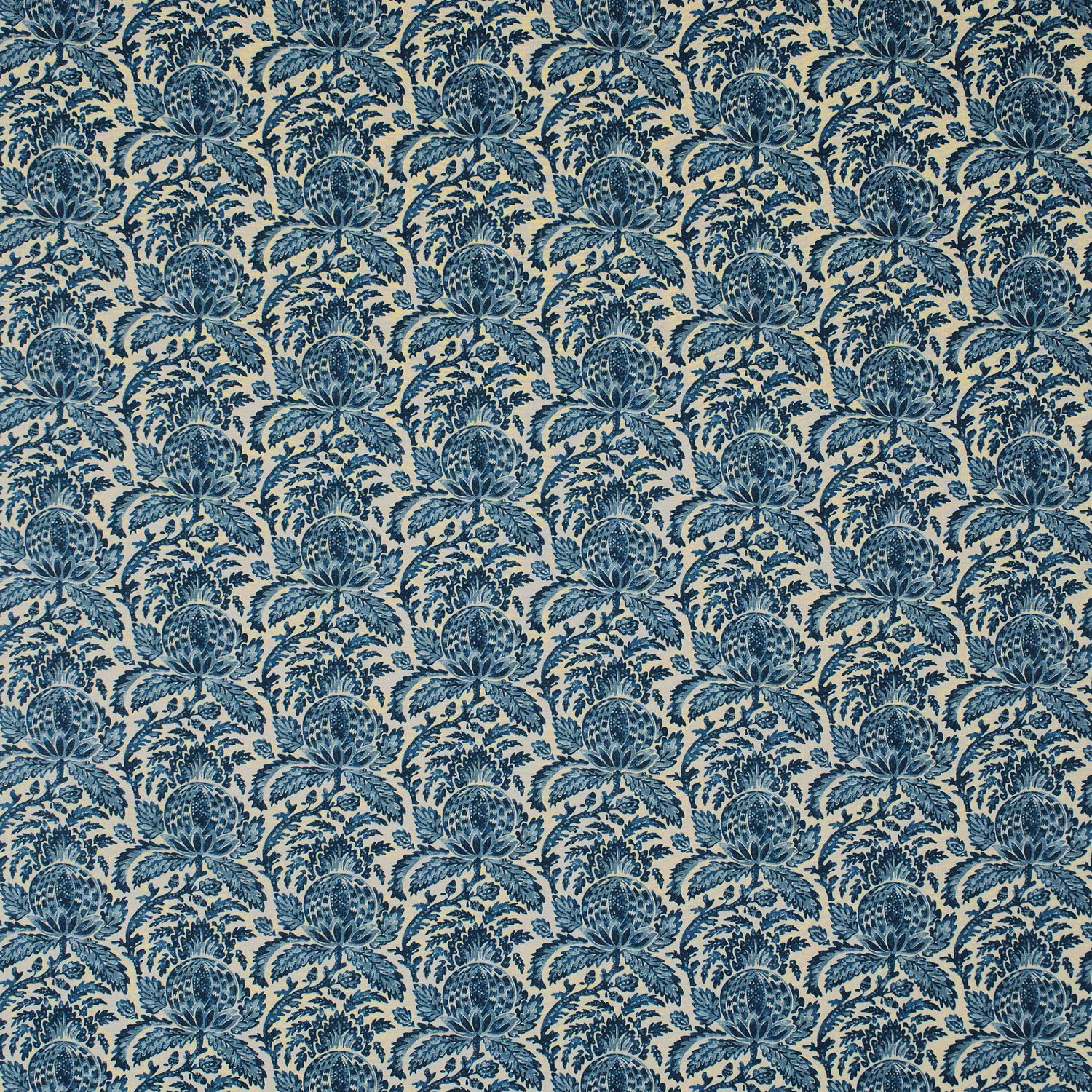 Dense indigo botanical floral repeat on a pale blue-grey textile ground