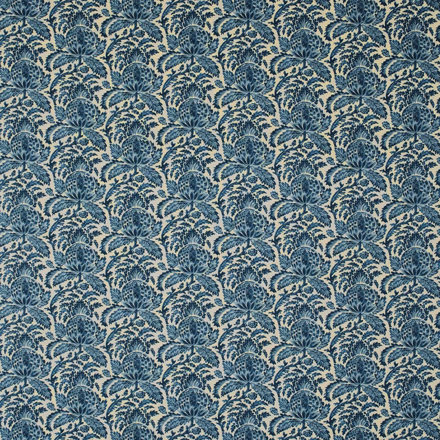 Dense indigo botanical floral repeat on a pale blue-grey textile ground