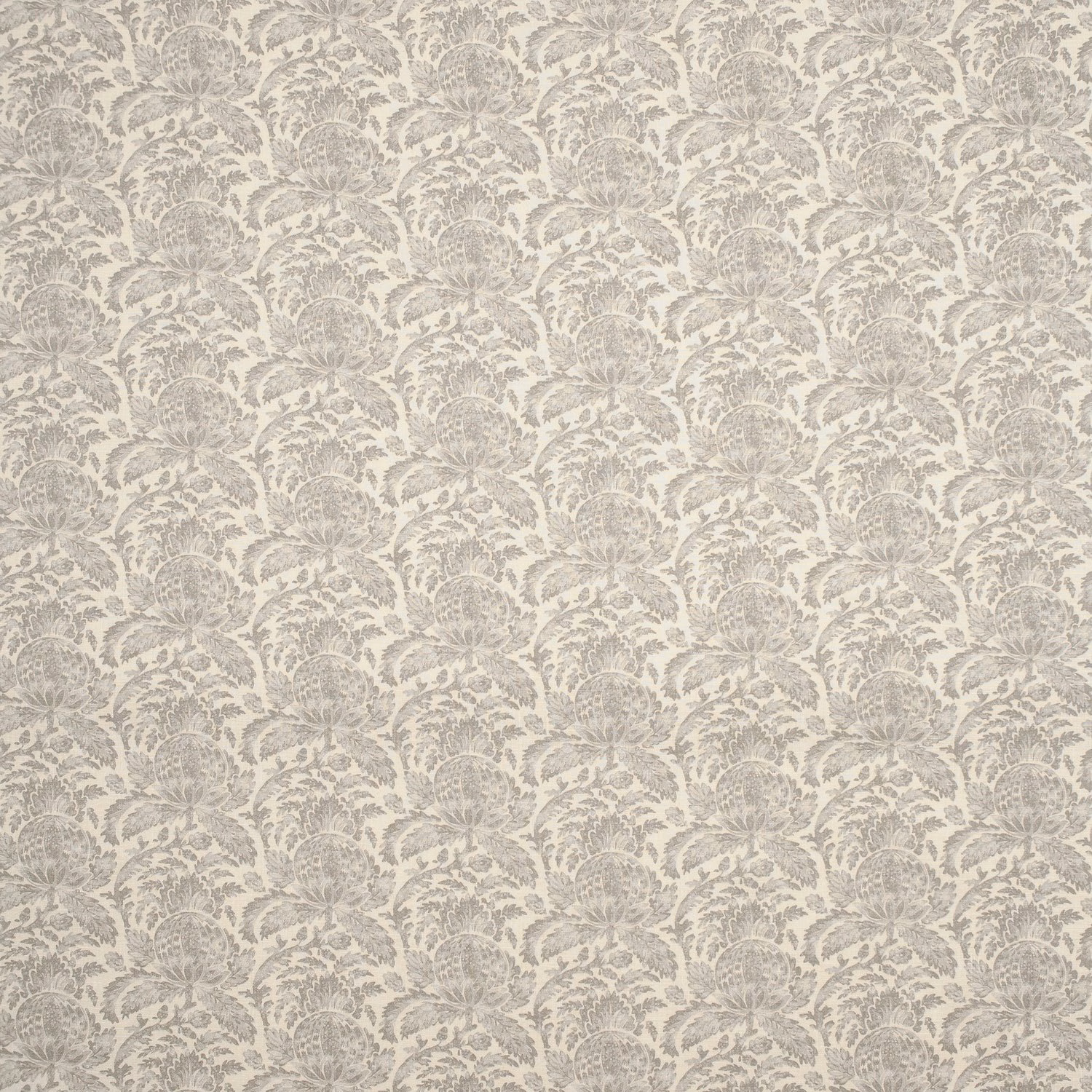 Pale lavender-grey floral damask print with a softly textured fabric ground