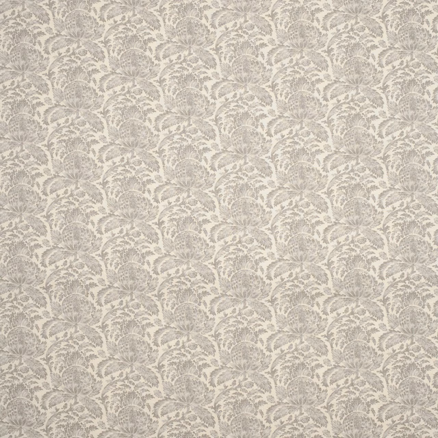 Pale lavender-grey floral damask print with a softly textured fabric ground