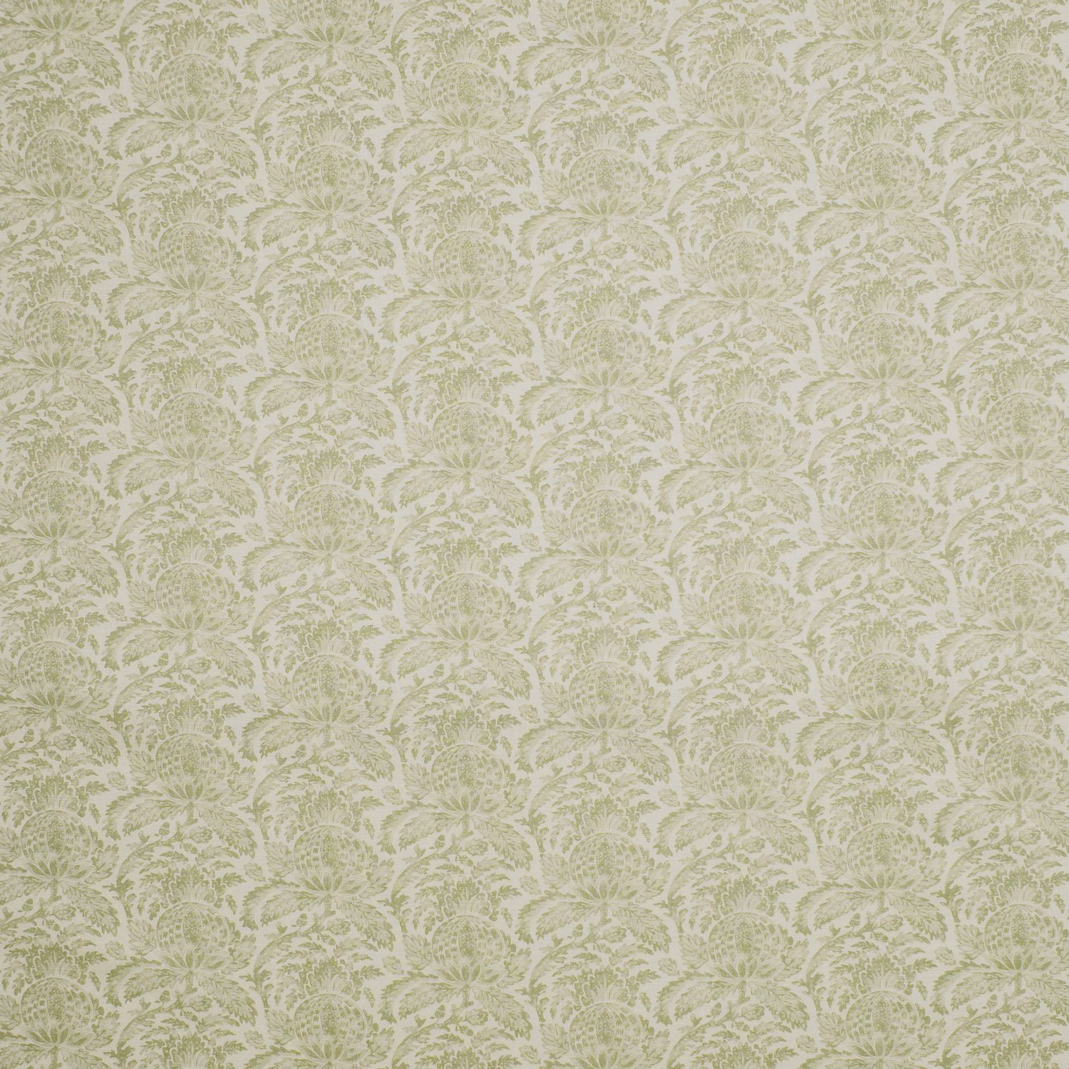 Pale sage-olive Torosay Leaf fabric with ivory scrolling botanical floral print