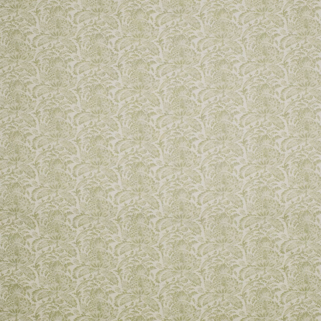 Pale sage-olive Torosay Leaf fabric with ivory scrolling botanical floral print