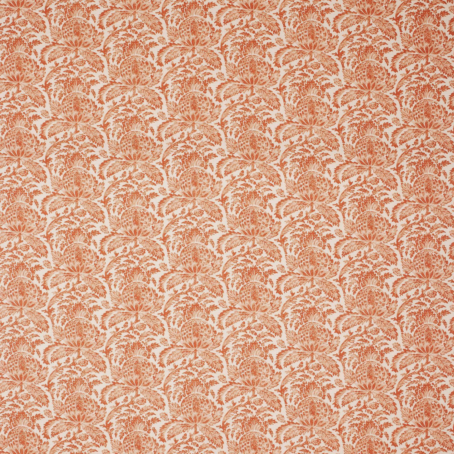 Russet terracotta floral and leafy repeat printed on a pale blush-cream fabric