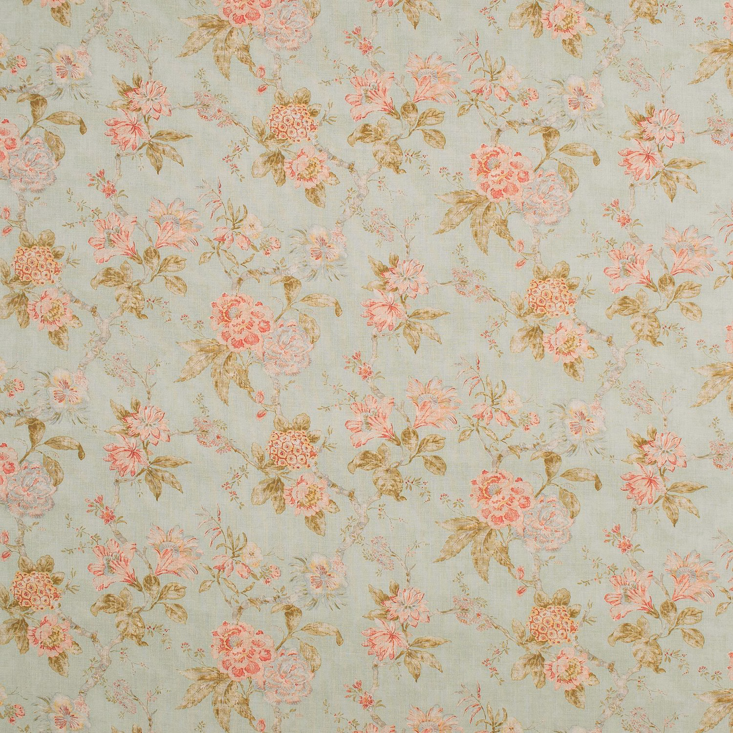 Pale peppermint floral fabric with coral blossoms, blush flowers and muted leafy stems