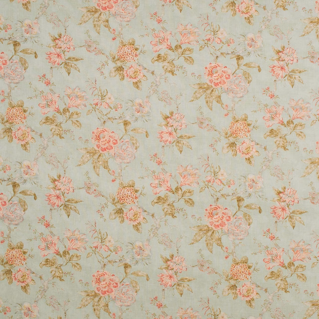 Pale peppermint floral fabric with coral blossoms, blush flowers and muted leafy stems