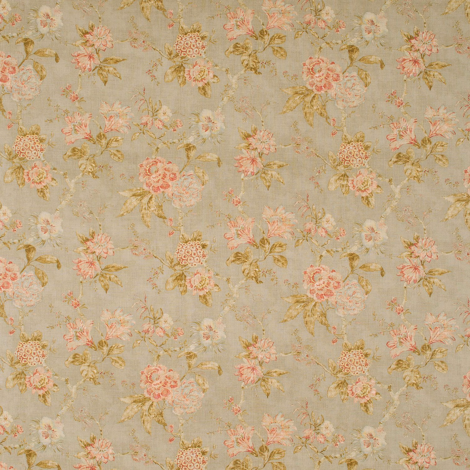 Muted sage floral textile with blush blooms, cream petals and ochre leaves