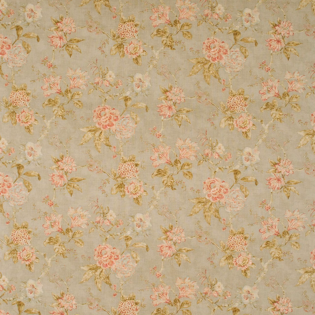 Muted sage floral textile with blush blooms, cream petals and ochre leaves