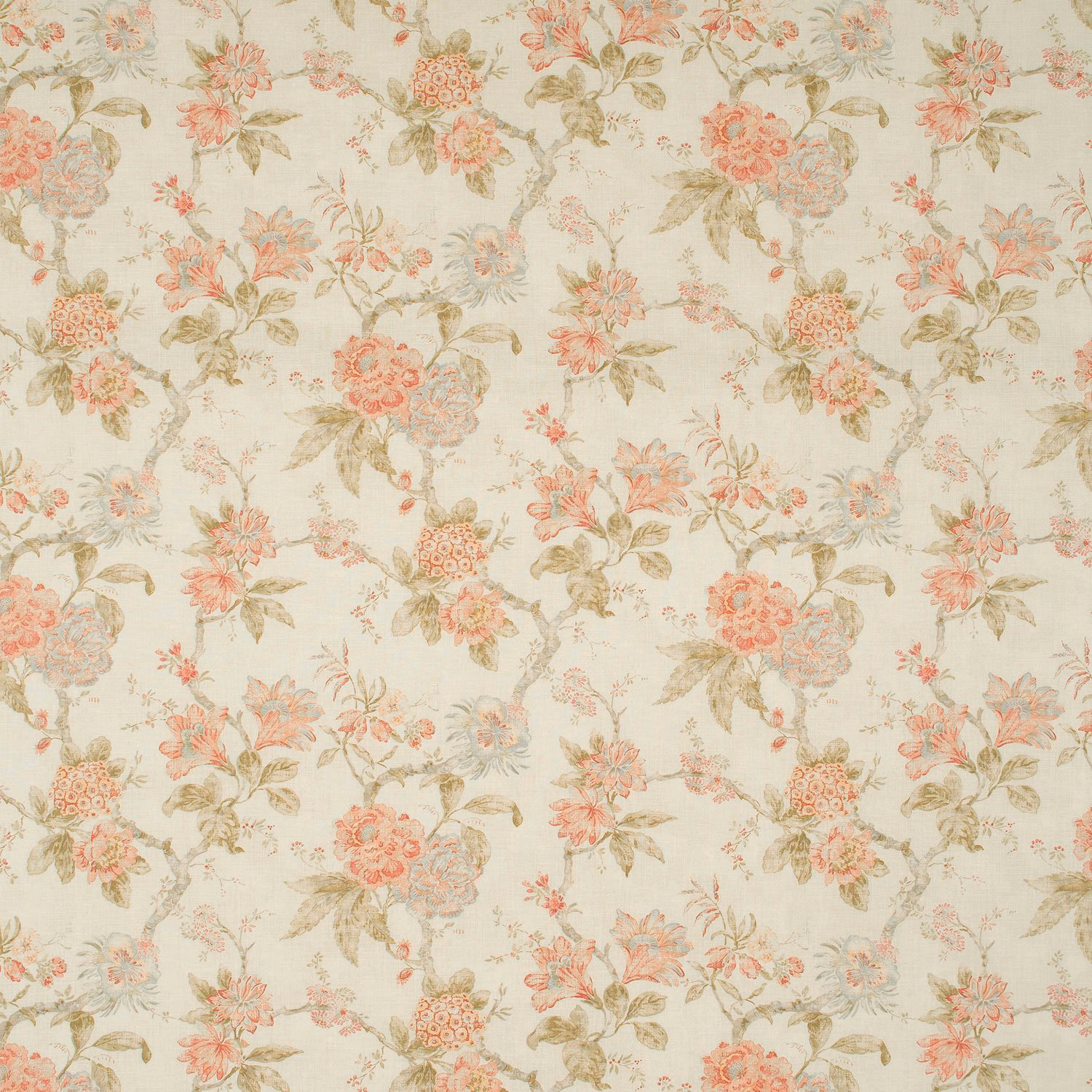 Ivory floral fabric with coral blooms, blush flowers and muted olive foliage
