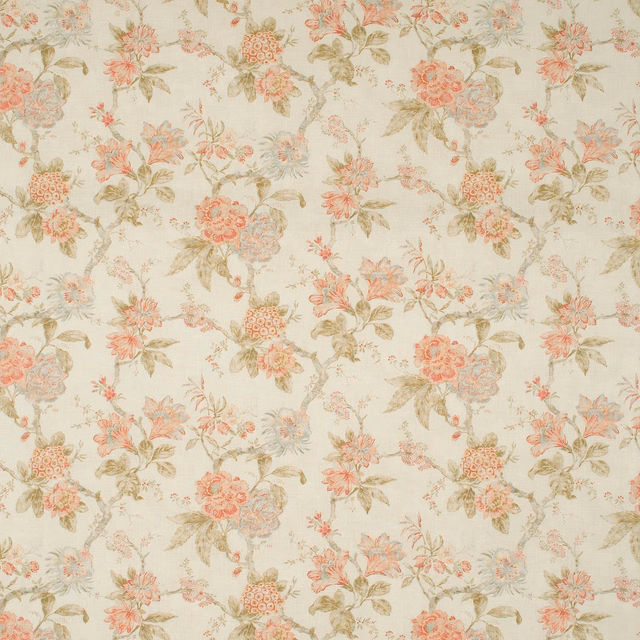 Ivory floral fabric with coral blooms, blush flowers and muted olive foliage
