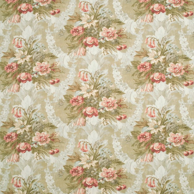 Pale hay floral fabric with blush blooms, sage foliage and weathered botanical bouquets
