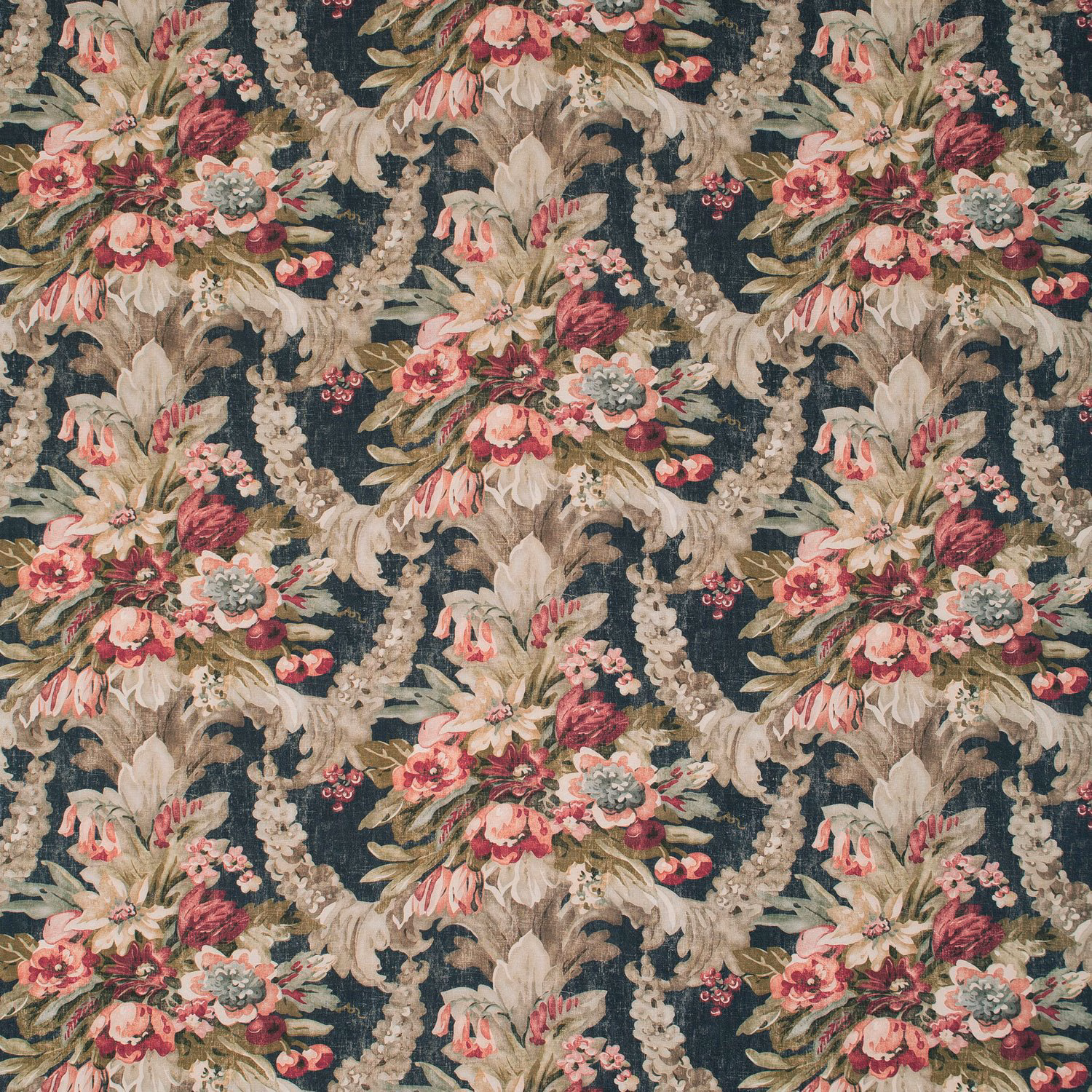Midnight teal floral print with rose bouquets and pale scrolling foliage