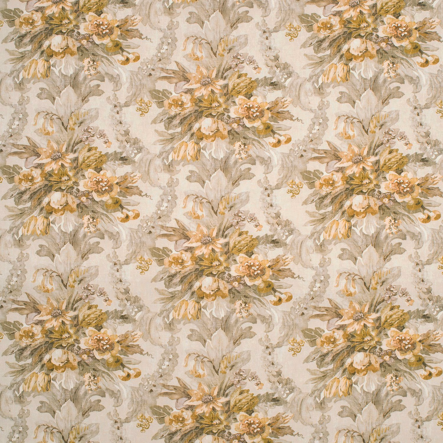 Cream ground with muted olive, ochre and peach botanical bouquets in a large repeat